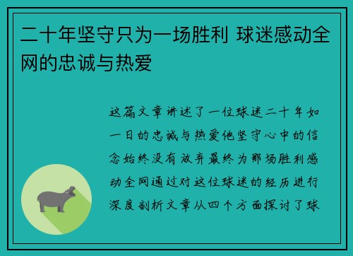 二十年坚守只为一场胜利 球迷感动全网的忠诚与热爱