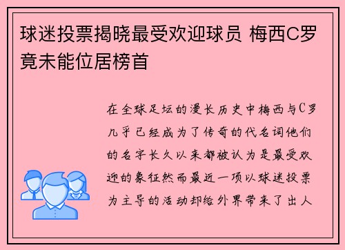 球迷投票揭晓最受欢迎球员 梅西C罗竟未能位居榜首