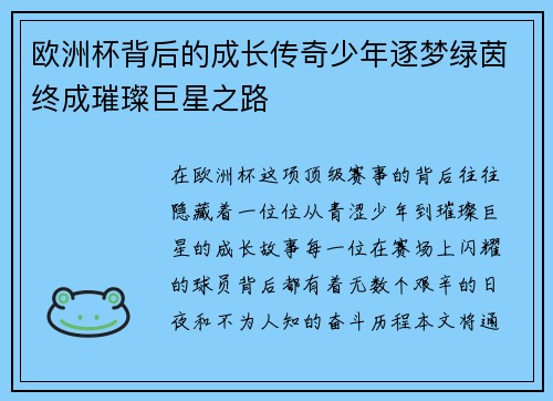 欧洲杯背后的成长传奇少年逐梦绿茵终成璀璨巨星之路
