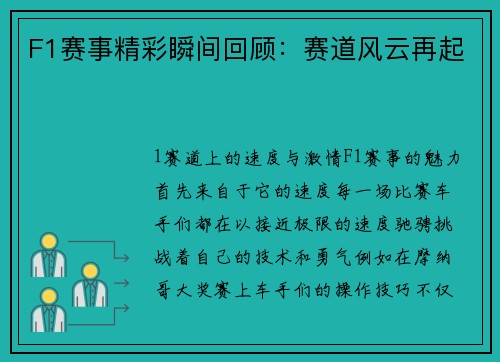 F1赛事精彩瞬间回顾：赛道风云再起